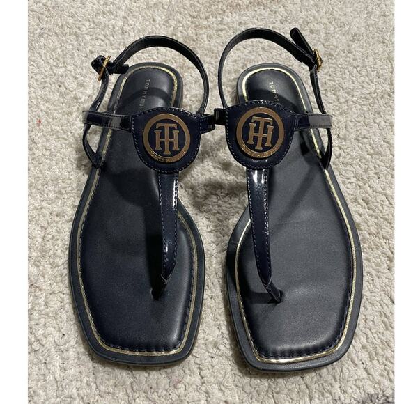 Tommy Hilfiger Womens Size 8.5 M Blue T-Strap TH Logo Sandals Thong Flats - Picture 1 of 10